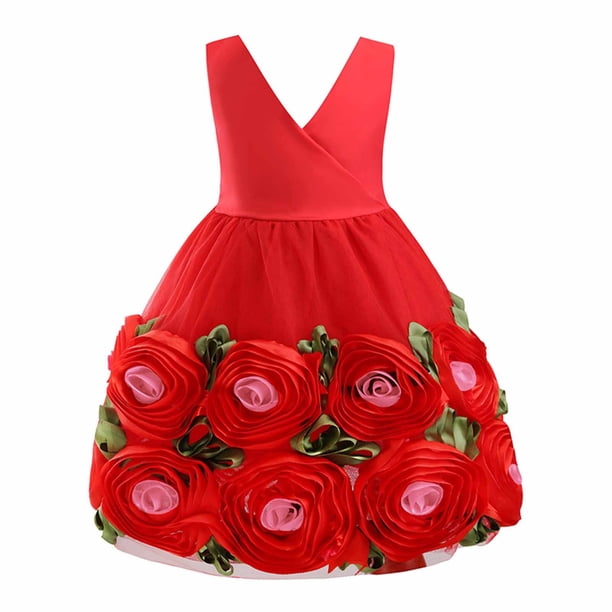 Vestido Para Niñas, Ropa Para Niñas, Vestido De Princesa Sin Mangas, Vestido Tridimensional De Malla Rosa Sin Espalda, Rojo Sandía Odeerbi LM103-7211