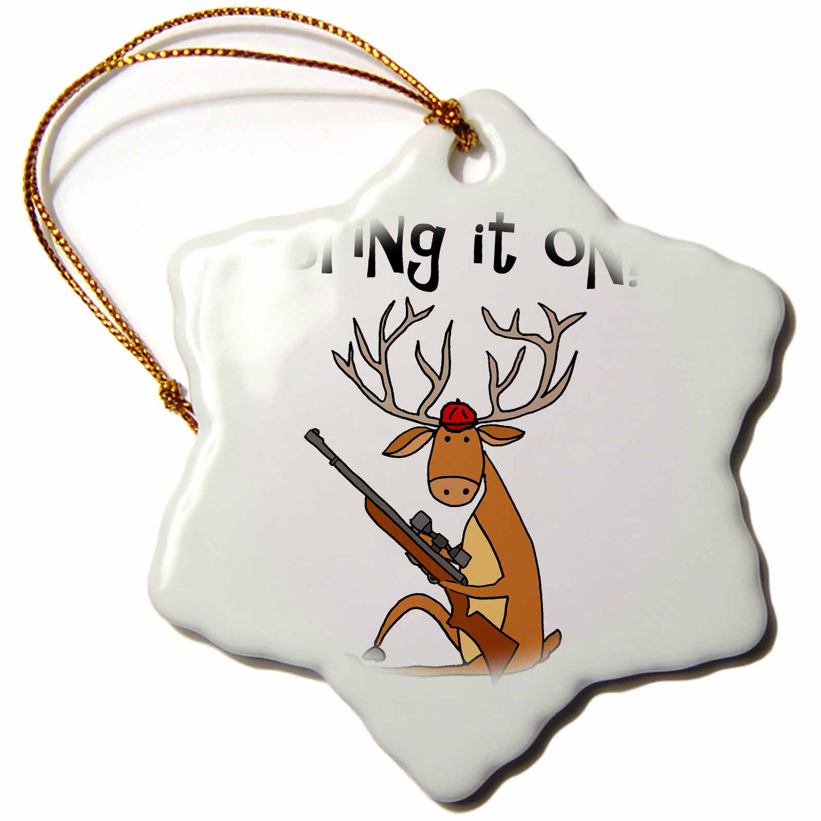 3dRose Cute Buck Deer with Hunting Rifle Funny Cartoon Multi-color  Porcelain Holiday Decorative Accent Snowflake Ornament, 3