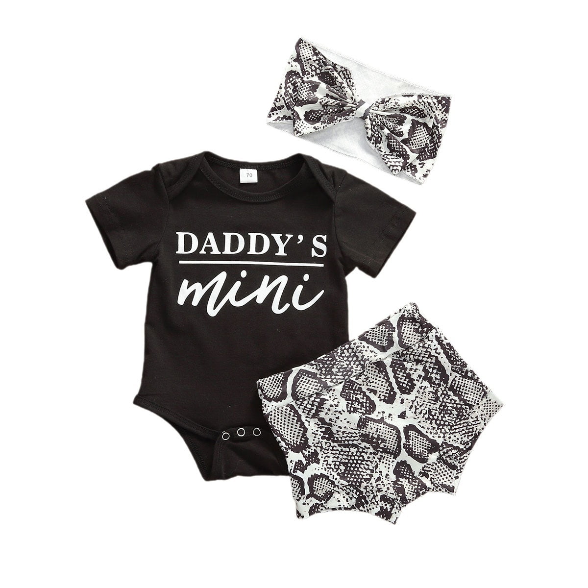 Wangsaura Infant Baby Girls Summer Clothes Daddy s Mini Letter Print Bodysuit Romper Shorts Bow Headband 3pcs Outfits Set Black
