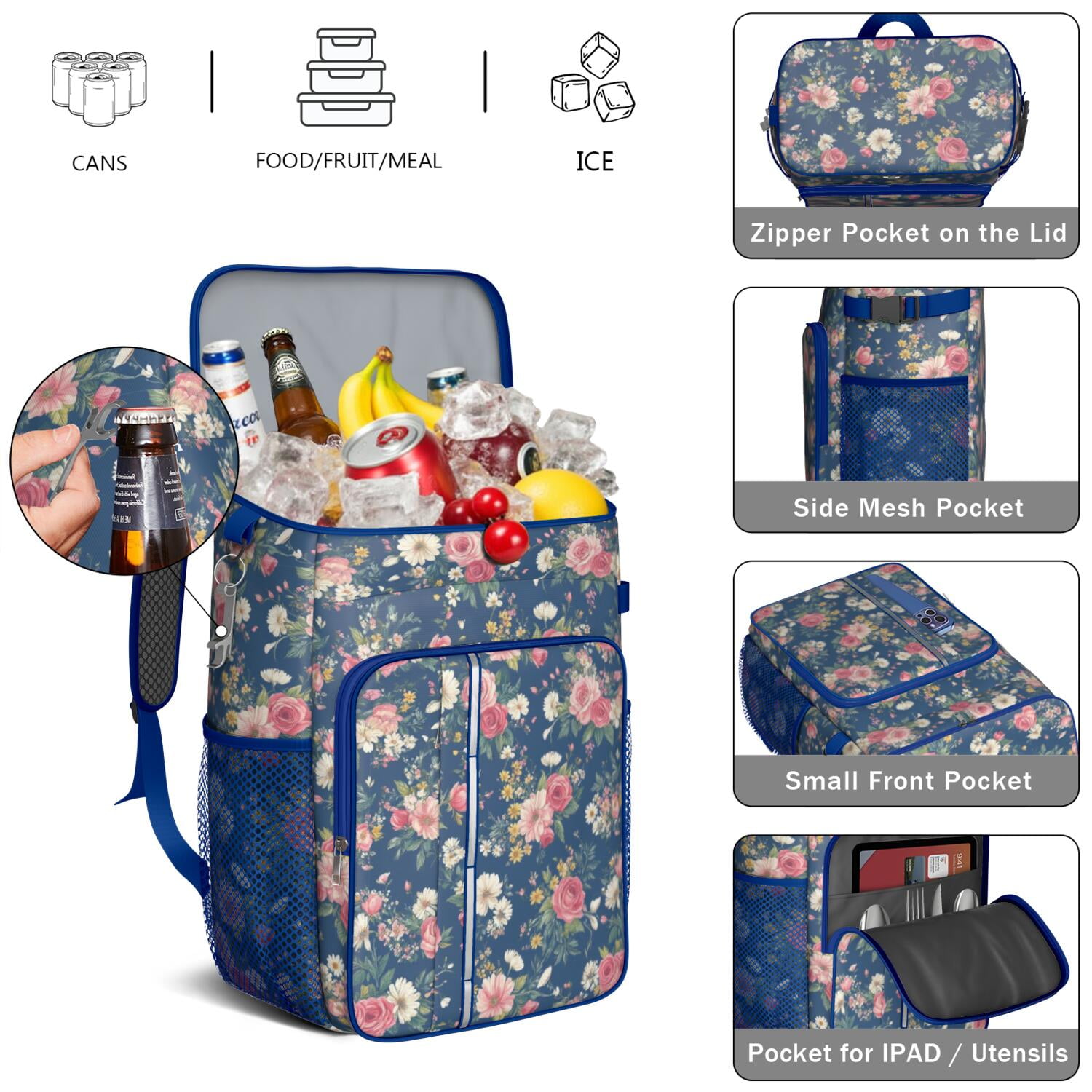 Travel Cooler Bag - Pioneer Flower Camping Beer Cooler Backpack with Bottle Opener- Waterproof Insulated Picnic Backpacks - Cooler Bag for Beach