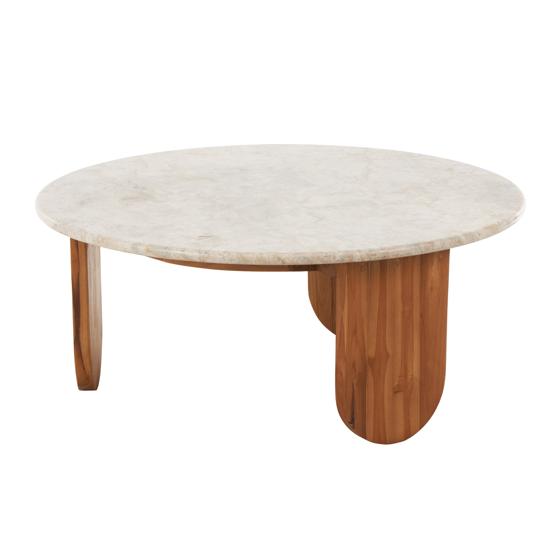 DecMode 36" x 15" Brown Teak Wood Handmade Coffee Table with Beige Marble Tabletop, 1-Piece