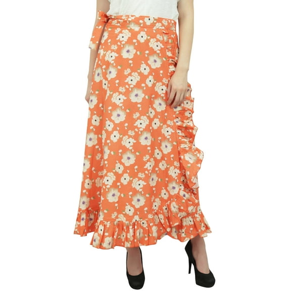 Phagun Women's Wrap Cotton Ruffled Self Belt Floral Printed Magic Skirt-Orange