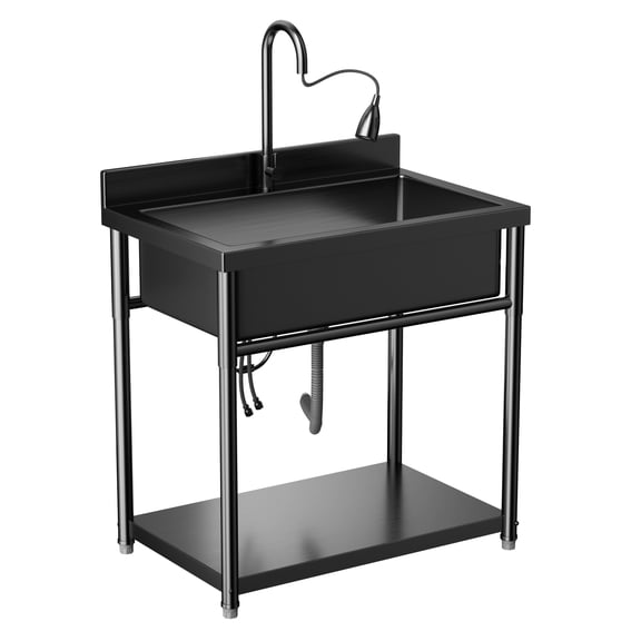 TABU Utility Sink, Stainless Steel Laundry Sink with Cold and Hot Water Faucet, Freestanding  Black Sink for Kitchens, Garage