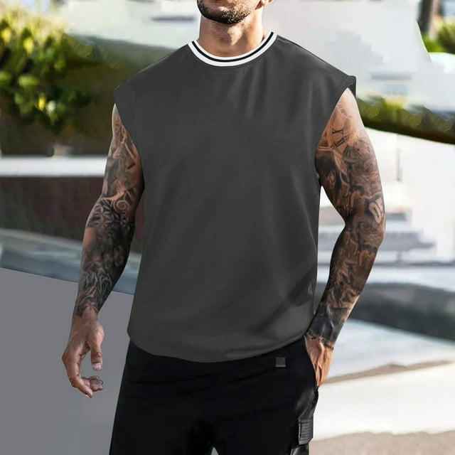 pstuiky Camisetas sin mangas para hombre, Camiseta deportiva de verano sin mangas con cuello redondo y diseño liso para hombre Camisas para hombres xxl