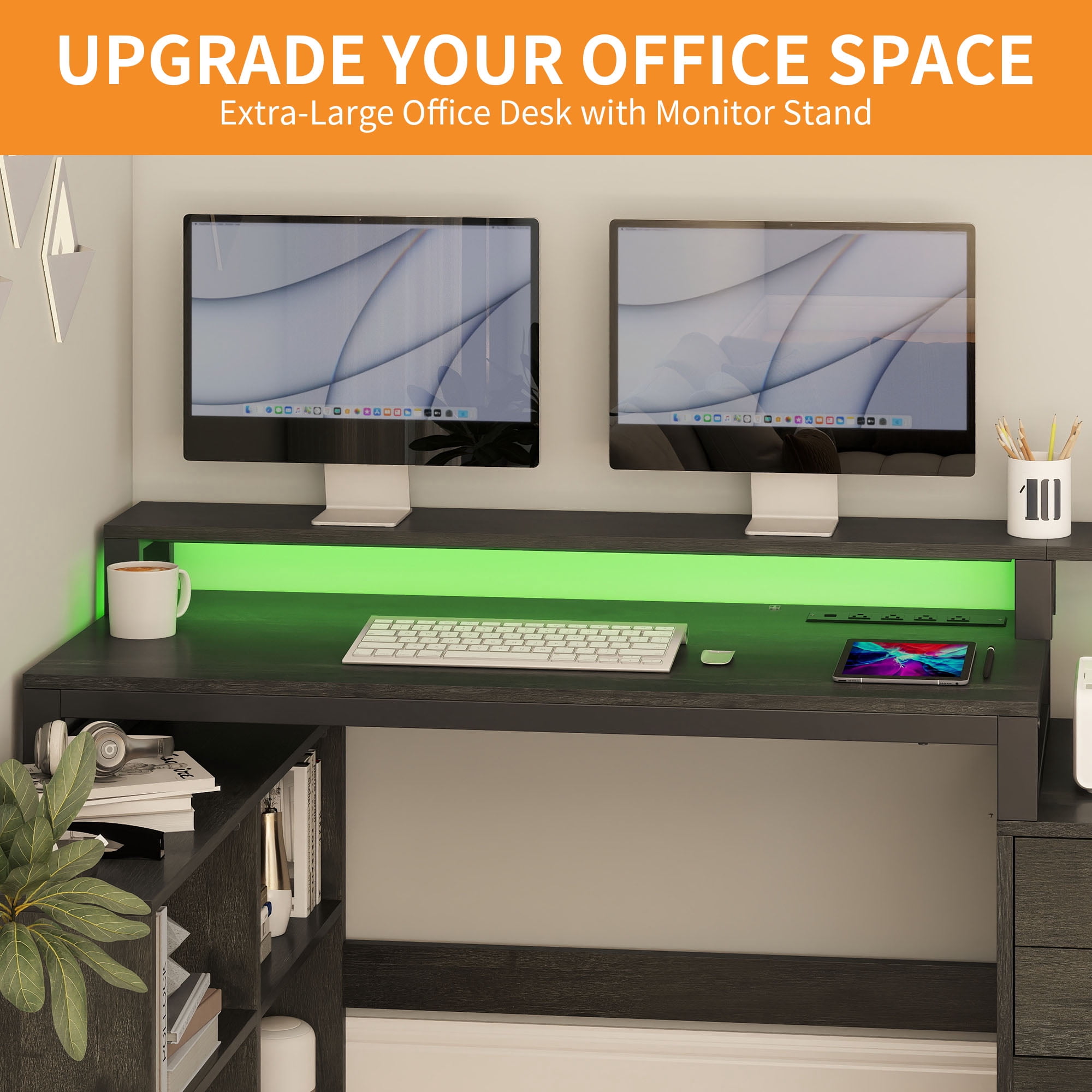Craftian L-Shaped Desk with USB Ports & LED Light, Modern Computer Desk with Monitor Stand & 3 Drawers, Office Desk Executive desk with Open Storage Shelves, Corner Desk for Home Office, White