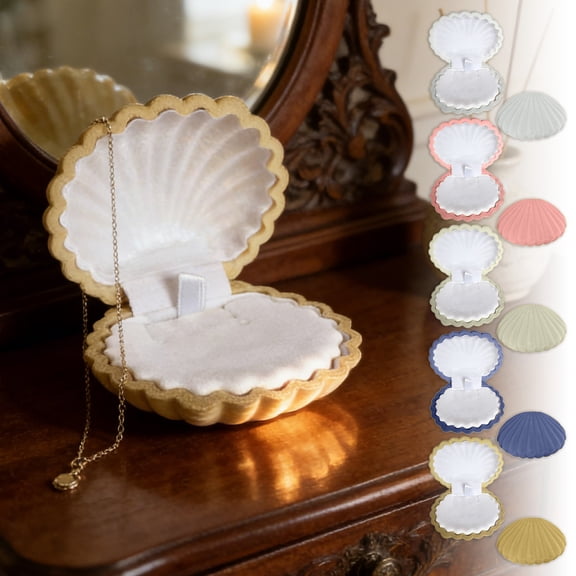 Velvet Seashell Box Organizer for Rings Necklaces Small Display Case with Compartments