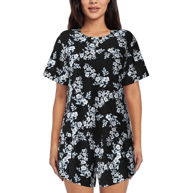 Balery Flower Conjunto de Pijama para Mujer con Estampado, Dos Piezas de Manga Corta y Shorts, Ropa de Dormir Suave con Cuello Redondo y Bolsillos-X-Large