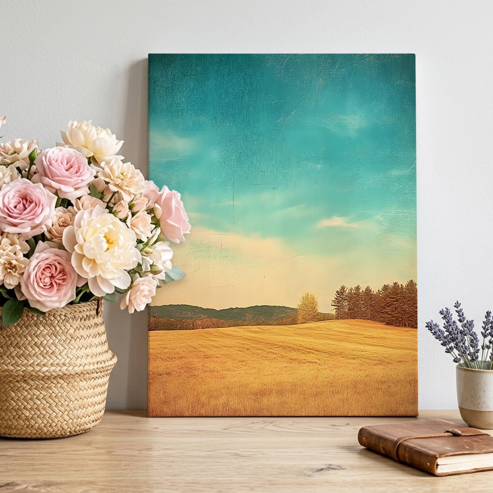 Vintage Turquoise Sky Canvas Wall Art Rustic Nature Hill Golden Grass Fields Scenery Pictures Wall Decor Wooden Framed Artwork Art Prints for Living Room Hallway Bedroom Office 12 x18