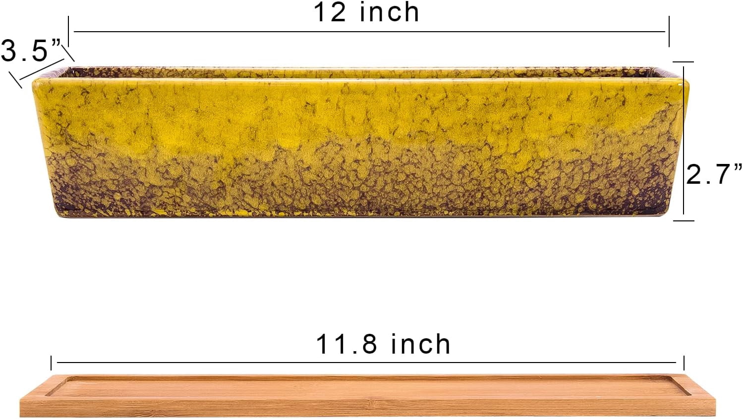 Succulent Pots - Large Succulent Planter Pots with Drainage, 12 Inch Long Rectangle Bonsai Pot with Bamboo Tray Shallow Ceramic Cactus Flower Planter Window Box for Home Garden Decor (Yellow)