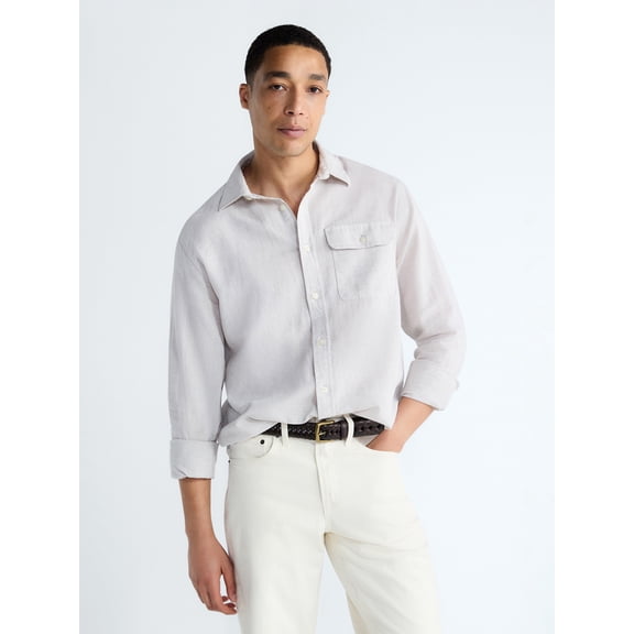 Free Assembly Men's Linen Blend Button Front Shirt with Long Sleeves, Sizes S-3XL