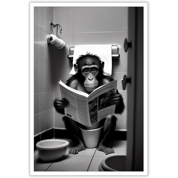 Aaheei Funny Gorilla Bathroom Canvas Wall Art Cute Monkey In Toilet Posters Black and White Animal Prints Painting Maximalist Mid Century Modern Aesthetic Wall Decor
