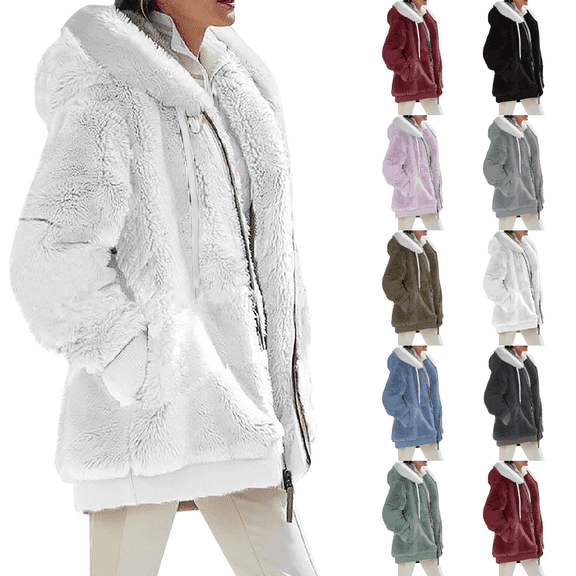 Fleece Zip Up Jacket with Pockets Womens Oversized Long Sherpa Hoodie Fuzzy Jackets Warm Teddy Coat White S