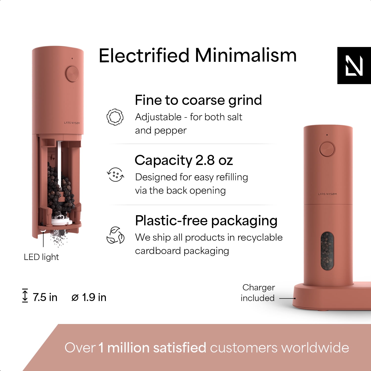 LARS NYSØM Electric Salt and Pepper Grinder Set I Automatic Salt and Pepper Mills with Adjustable Ceramic Grinder I USB Rechargeable Electric Spice Mill Set (Brick Red)