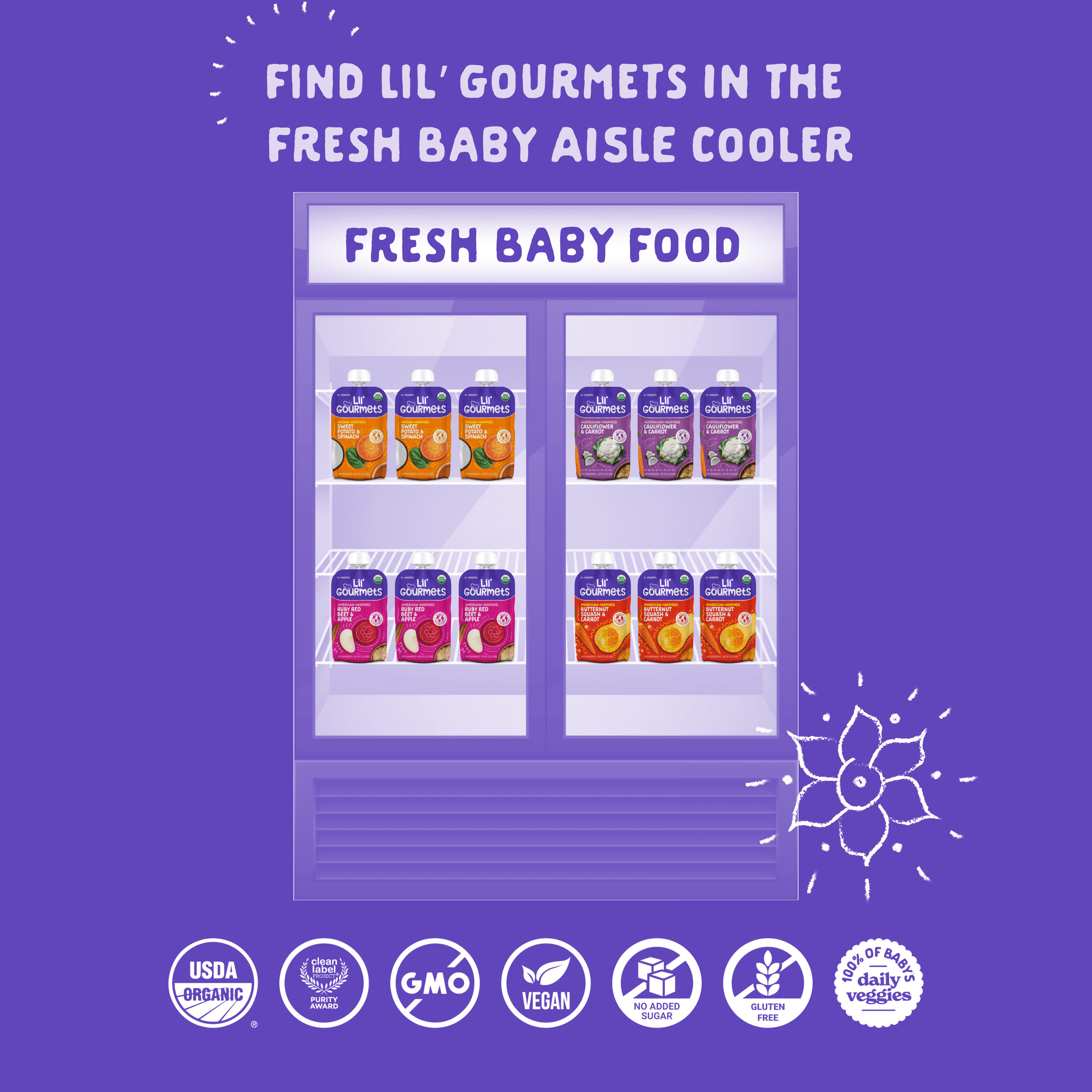 (6 pack) Lil' Gourmets Refrigerated Stage 2 Baby Food , Australian-Inspired Cauliflower & Carrot,  3.5 oz Pouch
