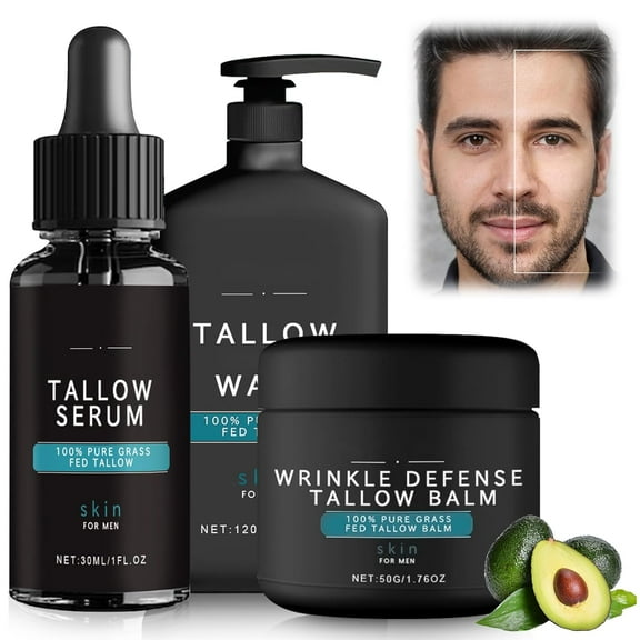 3PCS Beef Tallow Skin Care For Men,Wrinkle Defense Tallow Balm,Tallow Balm Face Moisturizer,Organic Beef Tallow Balm Skin Care Set for Men (Tallow Facial Cream Tallow Serum Tallow Face Wash)