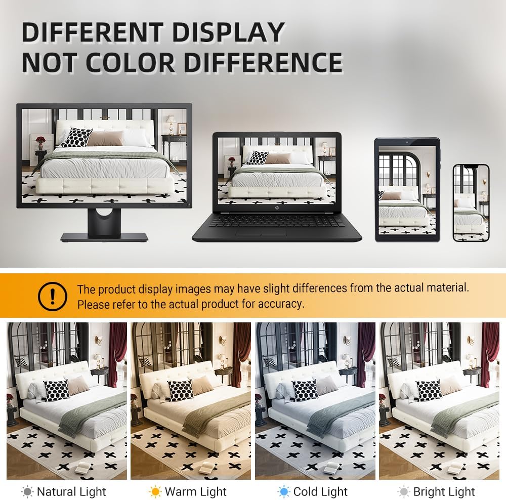 Queen Size Platform Bed Frame, Upholstered Chenille Tufted Headboard, Heavy Duty Metal, Wood Slat Support, Mattress Foundation, No Box Spring Needed, Noise-Free, Easy Assembly, Bedroom, Beige