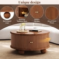 thumbnail image 6 of GZXS 31.8" Solid Wood Center Table with Sliding Door & Hidden Storage, Fluted Round Coffee Table for Living Room, Walnut, 6 of 10
