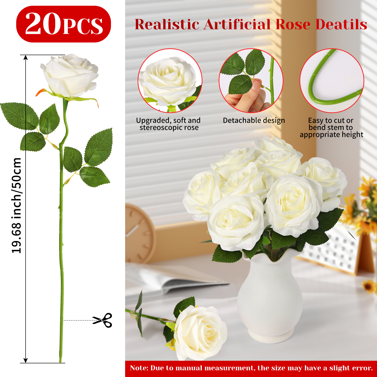 DUOTAN 20 PCs White Roses Artificial Silk Flowers, 4’’Big Flower Head Artificial Roses with Long Stems, Realistic Fake Roses Bulk for Home Wedding Bouquet Arrangements Party Decoration