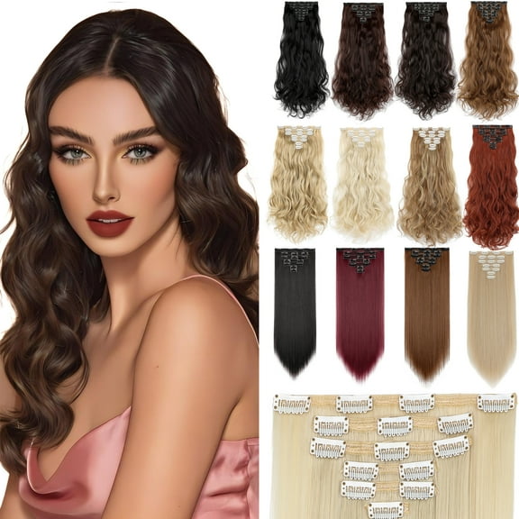 Qlenkay Clip in Hair Extensions Synthetic Hair 7 pcs Double Weft Long Wavy Straight Hair Extension for Women