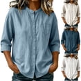 thumbnail image 1 of Neewe Womens 3/4 Sleeve Solid Color Cotton Linen Round Neck Tops Dressy Casual Loose Daily Blouses, 1 of 6