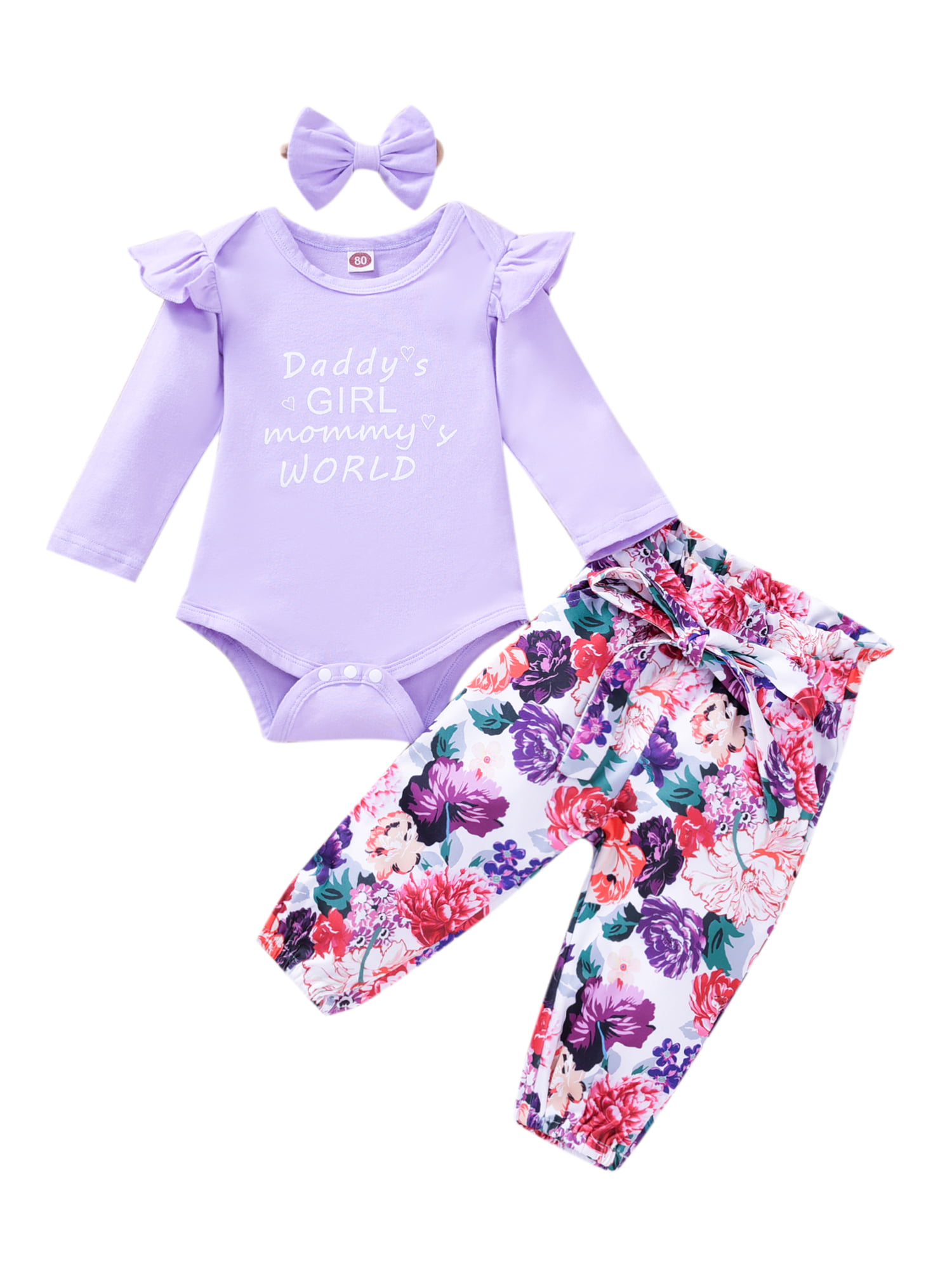 3PCS Infant Baby Girls Romper Tops Floral Pants Headband Hat Clothes Outfit Set 