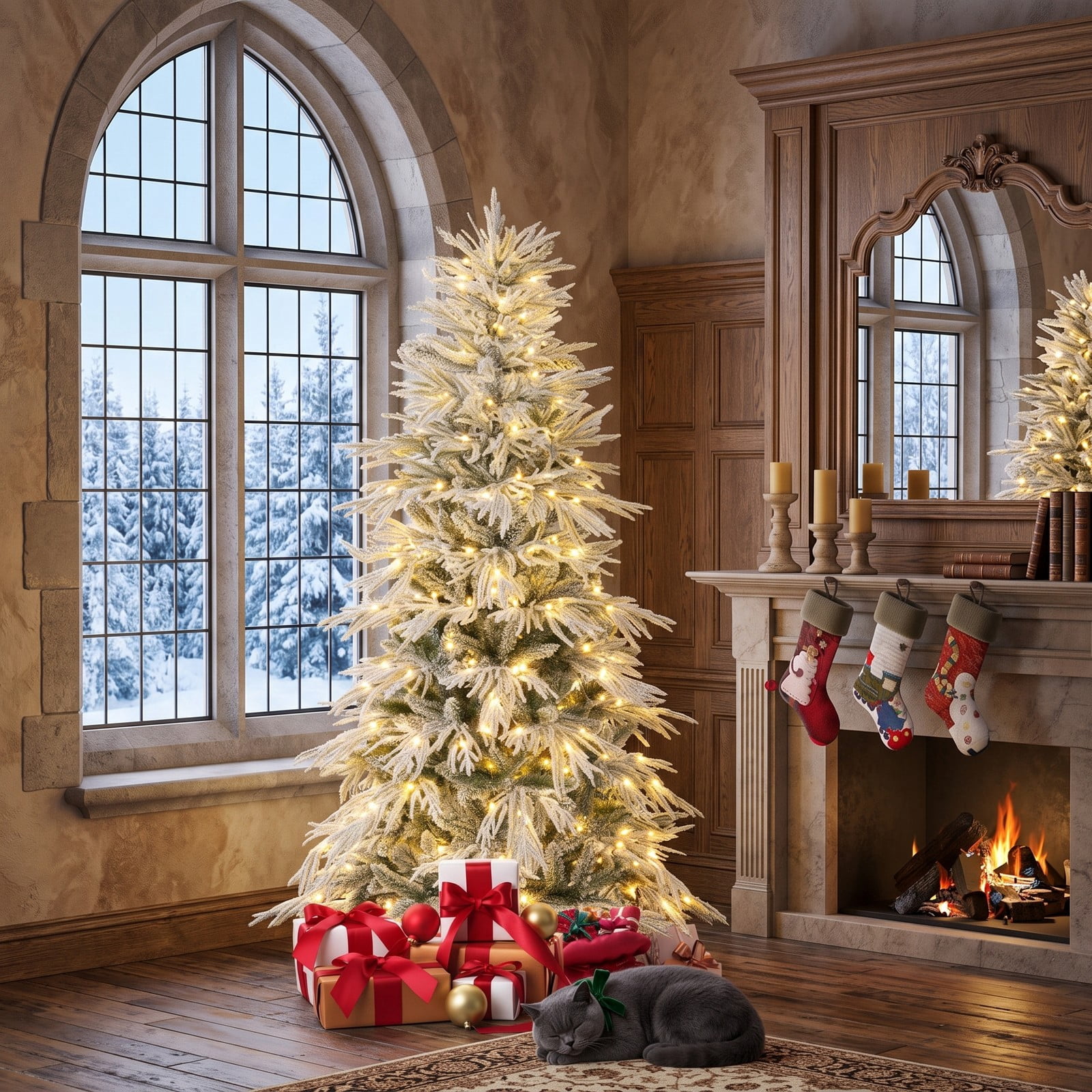 RUIE 6 Feet Pre-Lit Snow Flocked Artificial Christmas Tree with 250 Warm White LED Lights, Hinged Xmas Pine Tree with Foldable Metal Stand for Indoor, Green & White