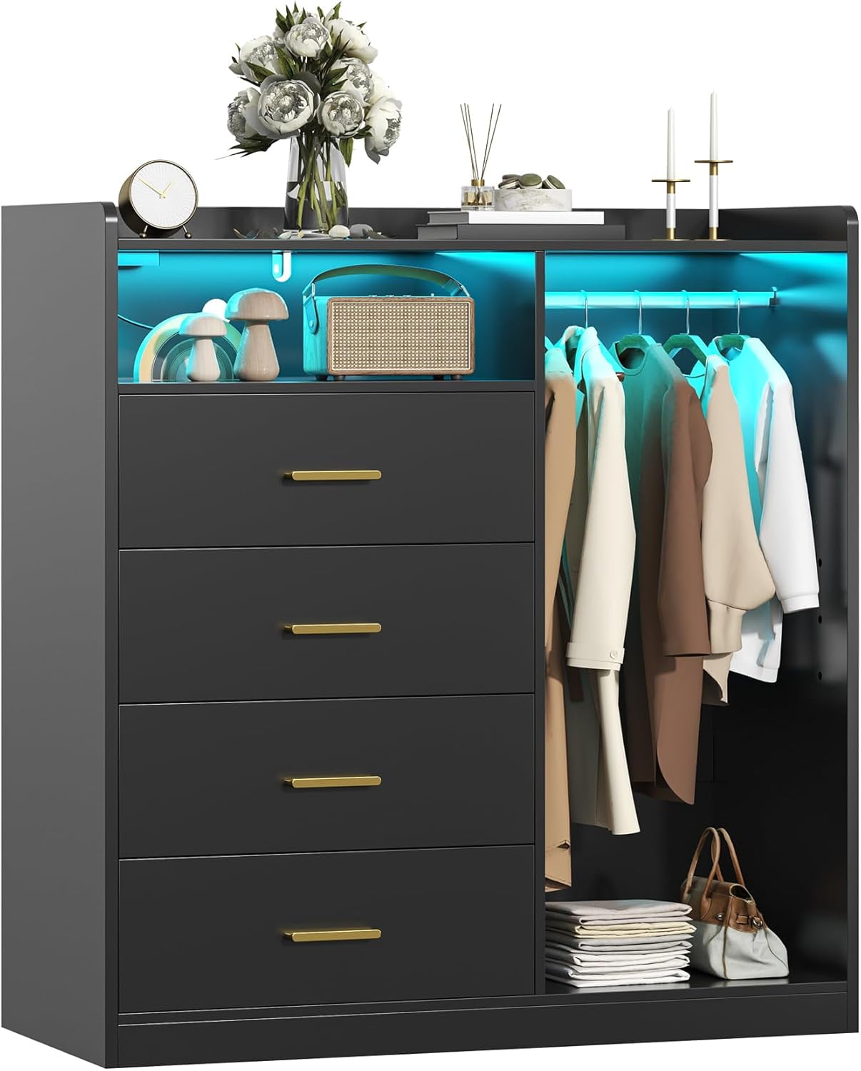 Winkalon 4 Drawer Dresser with Clothing Rack and LED Lights,Modern LED Dresser for Bedroom,Black