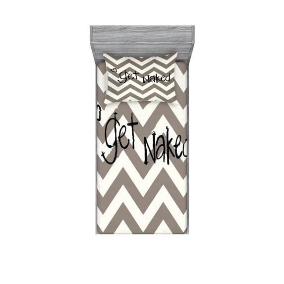 Ambesonne Saying Fitted Sheet & Pillow Sham Set, Get Naked Heart Zig Zag, Twin, Taupe Cream Black
