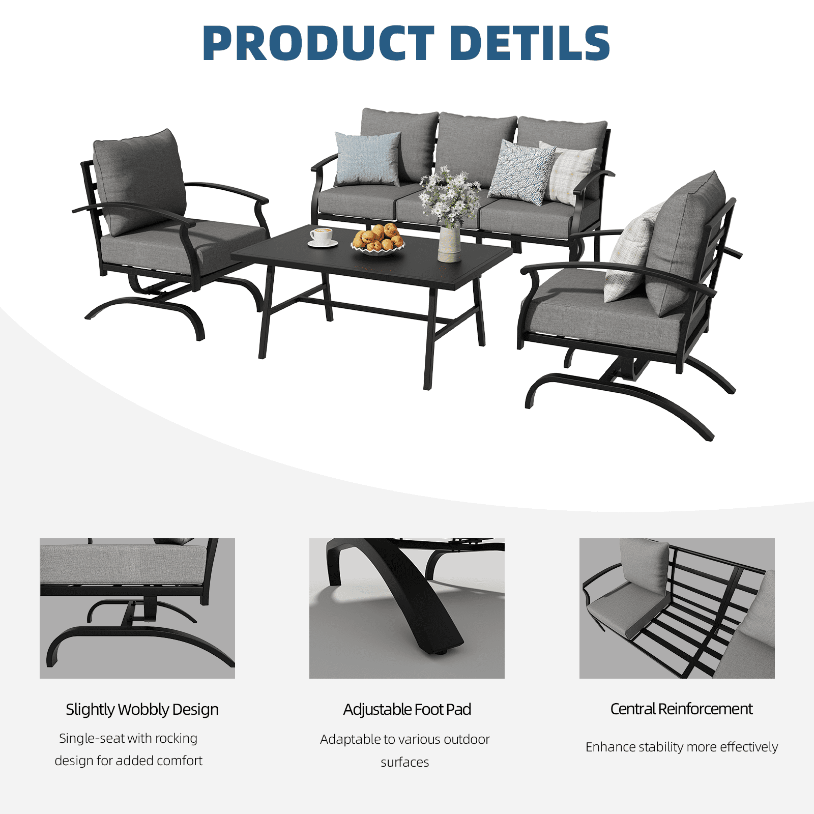 ALAULM 4 Piece Patio Furniture Set,Outdoor Metal Patio Furniture with Coffee Table & Rocking Chairs Conversation Set for Porch,Backyard,Poolside, Garden-Grey