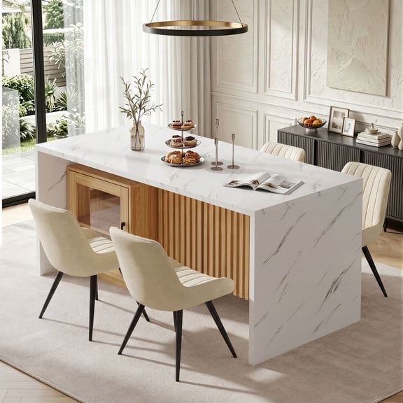 White Texture High Modern Dining Table with LED Lights and Storage Drawers, 63 Inch White ...