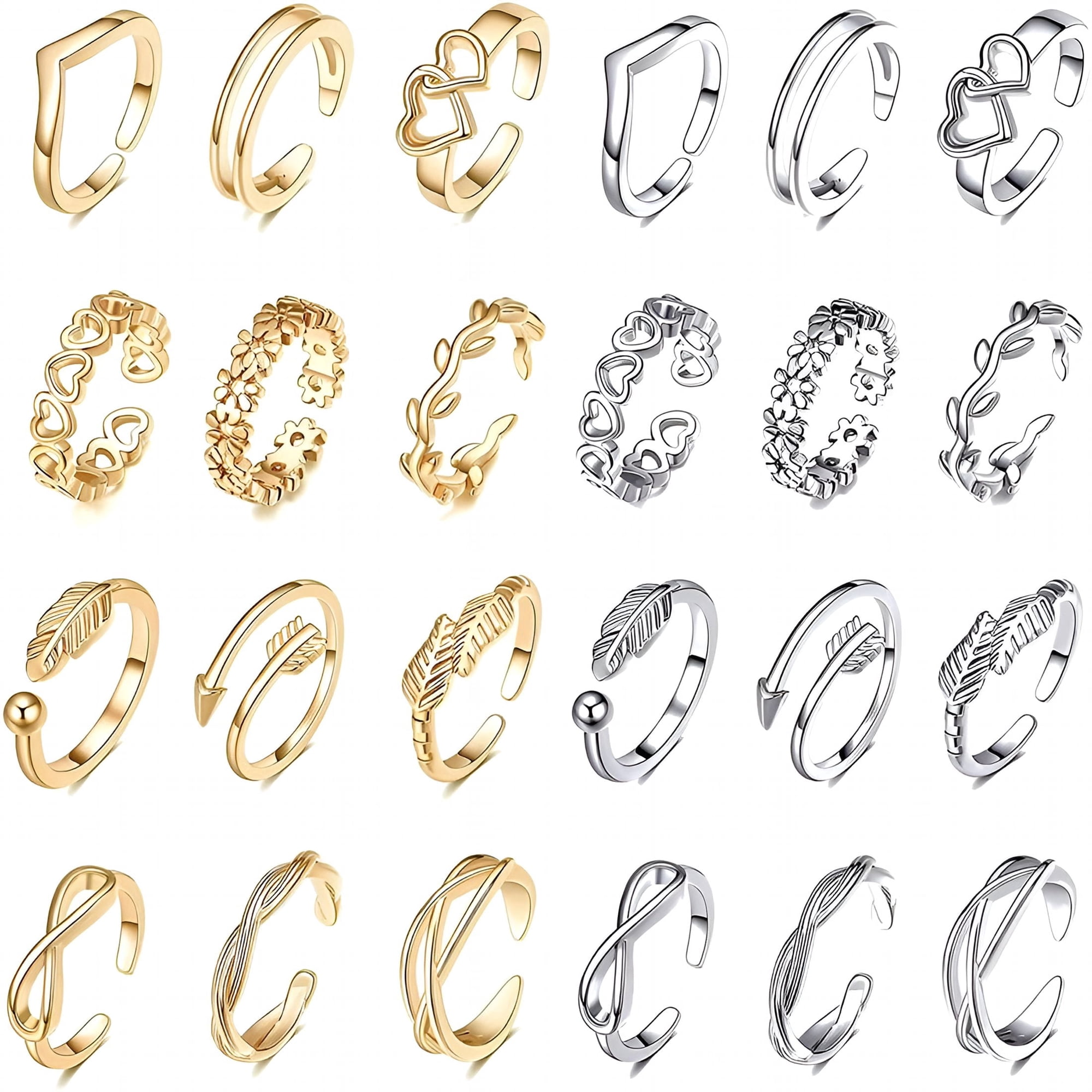 AURENIX 24Pcs Open Toe Rings Set for Women Adjustable Toe Band Knuckle Ring Arrow Knot Star Moon Finger Tail Foot Rings Summer Beach Foot Jewelry