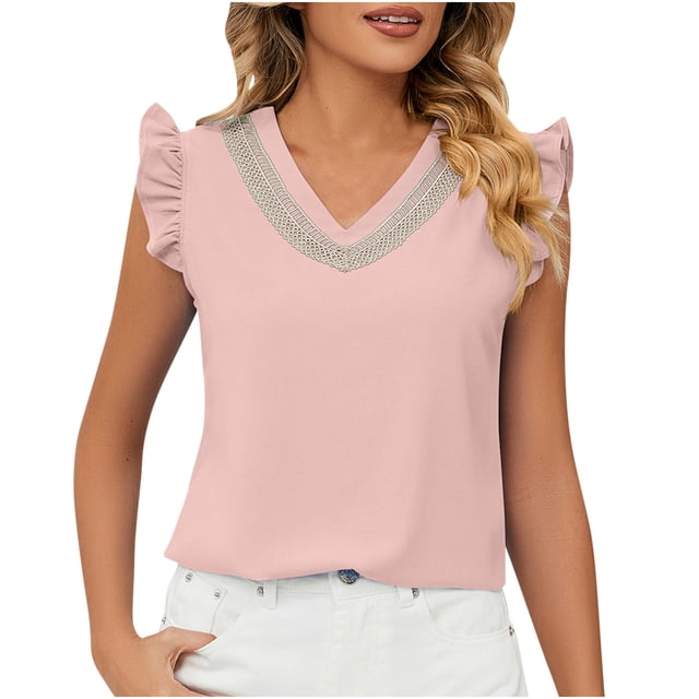 Timegard Tank Tops for Women Lace V-Neck Ruffle Cap Sleeve Dressy Casual Tunic Tops Business Blouse