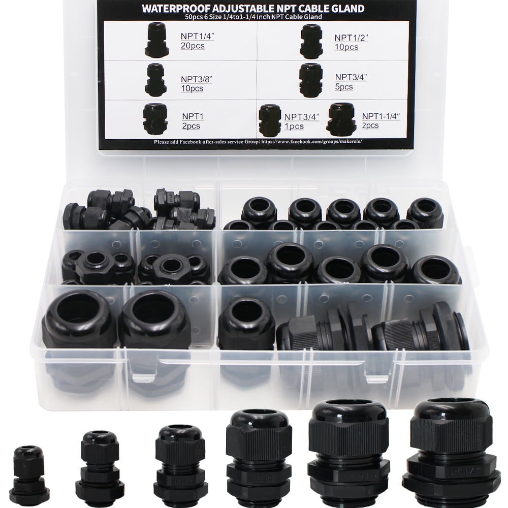 MAKERELE Cord Grip Cable Glands Kit for NPT Waterproof Nylon Strain Relief 1/4” 3/8” 1/2” 3/4” 1” 1-1/4” 50pcs Junction Box Connector Black With Gaskets