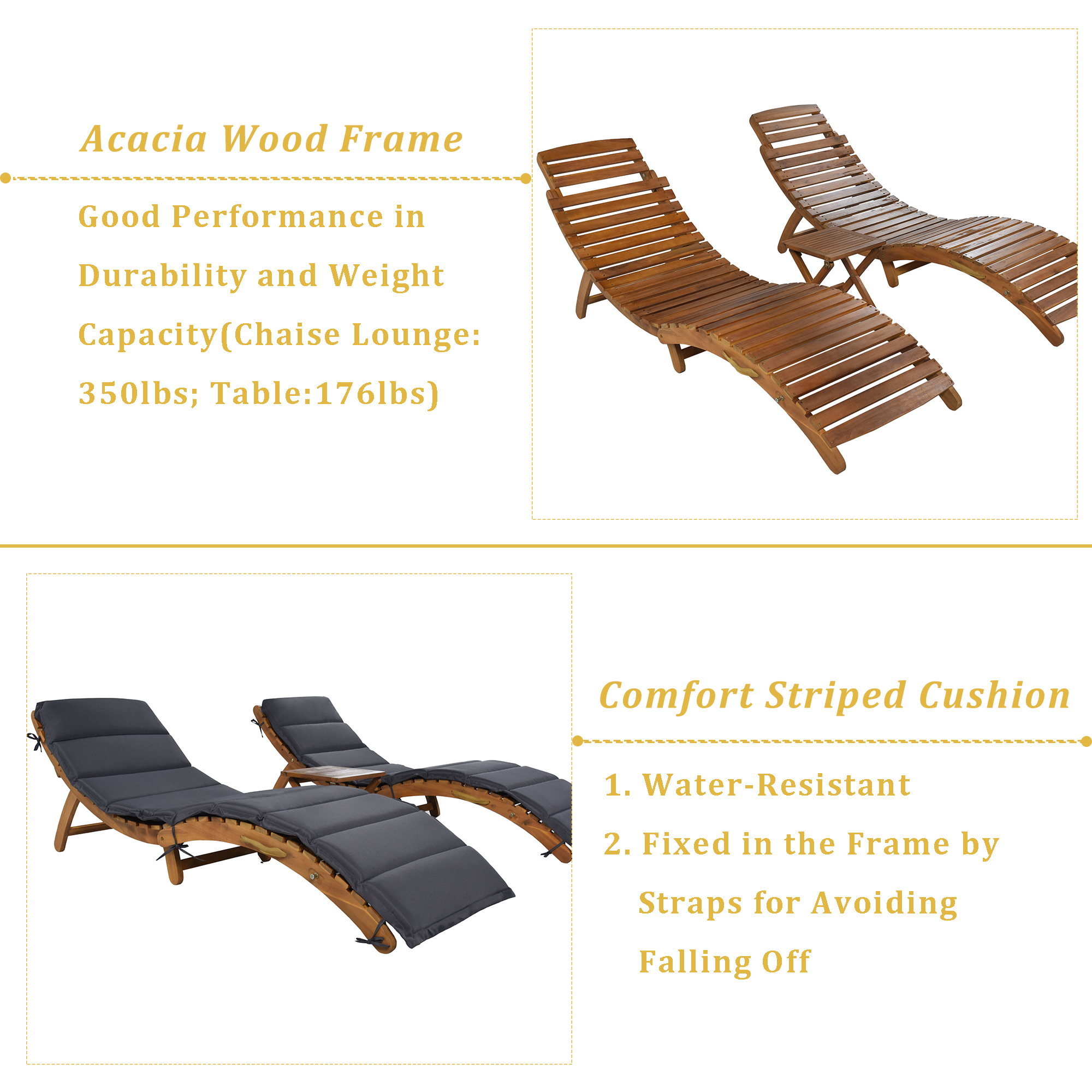 Royard Oaktree Patio Lounge Chair Set of 3 Wood Folding Chaise Lounge Set with Foldable Side Table Outdoor Portable Extended Sun Lounge Chair with Cushion for Poolside Lawn Backyard,Dark Gray - image 2 of 7