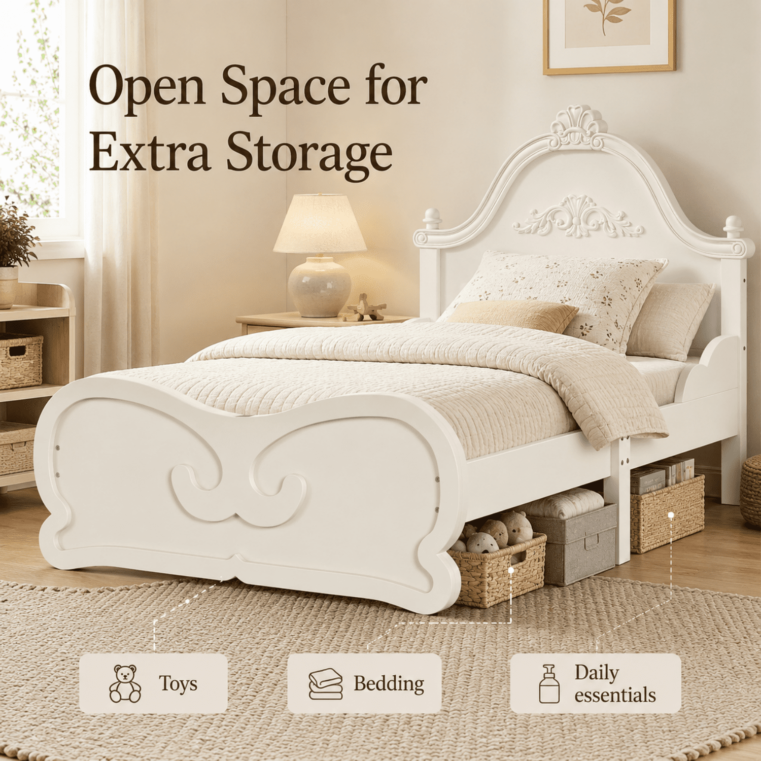 Miniyam Twin Size Kids Platform Bed Frame with Carved Headboard and Footboard, Wood Bed, White