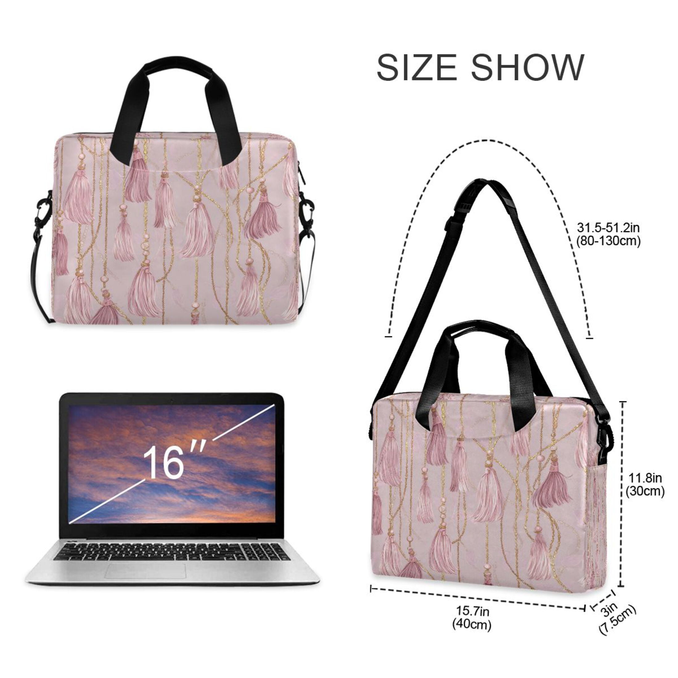 16" Laptop Tote Bag Laptop Sleeve Case Computer Briefcase for Work & Travel Light Pink Tassels