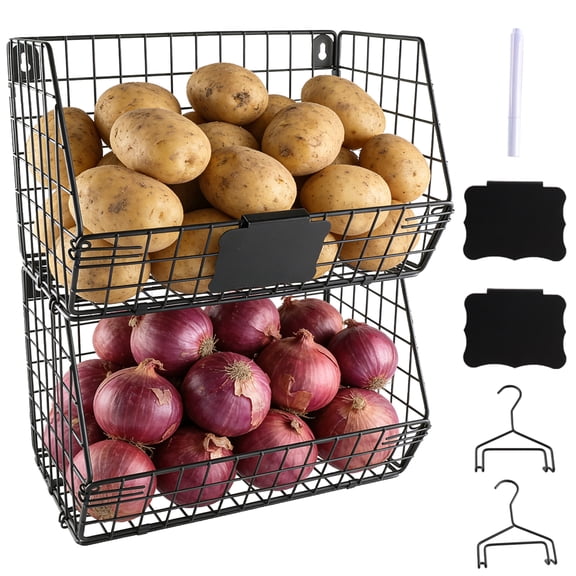 Pethiy 2-Piece Metal Wire  Onions & Potatoes Storage Baskets, Multi-Use Stackable Wall-Mount Produce Storage Set with Custom Labels