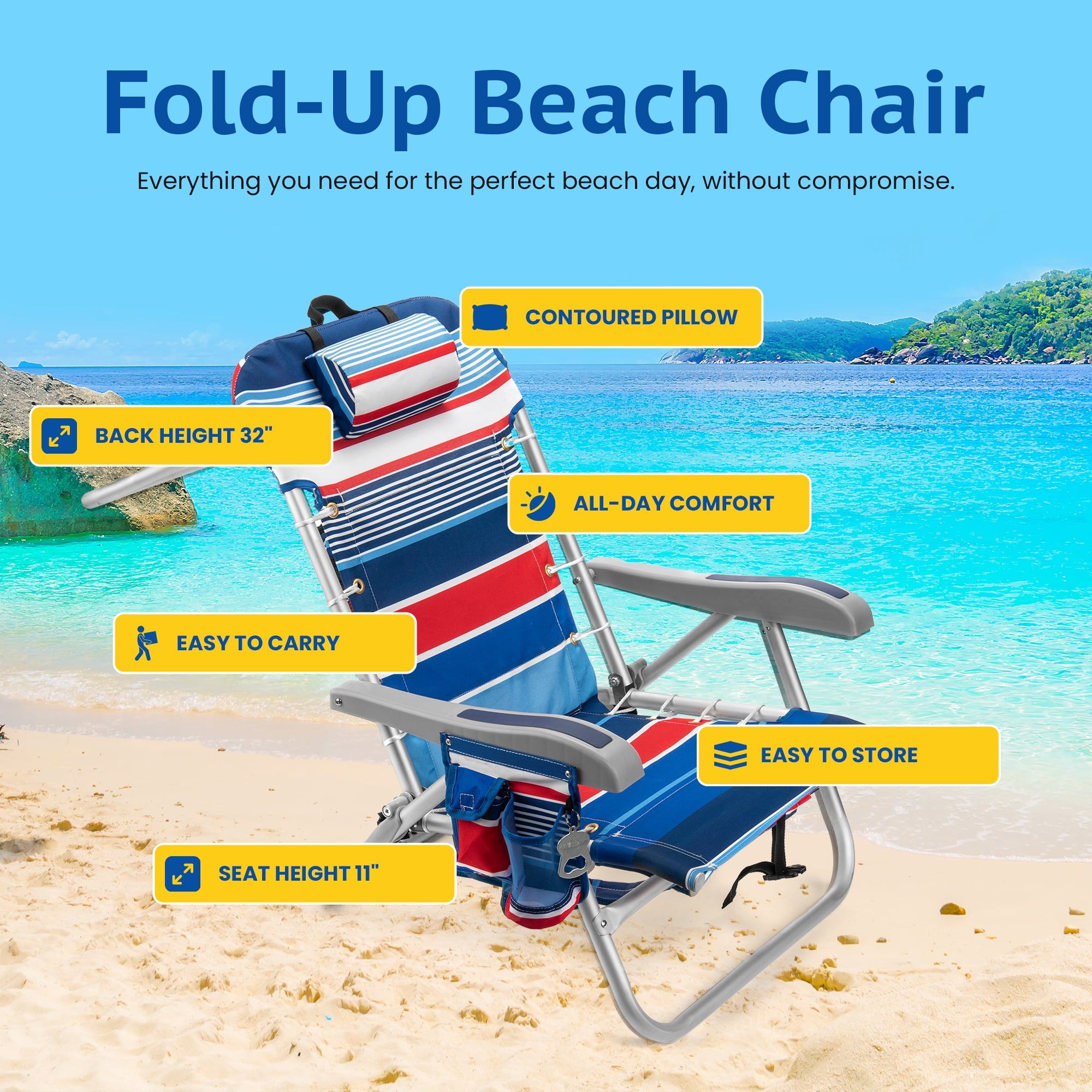 Homevative Cooler+ Folding Backpack Beach Chair with 5 Positions, Towel bar, XL Cooler Pouch, Storage Net, Cup and Phone