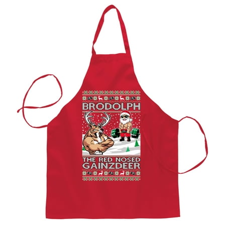 

Wild Bobby Brodolph Santa Working Out Gym the Red Nosed Gainzdeer Ugly Christmas Butcher Graphic Apron for Kitchen BBQ Grilling Cooking Red One Size