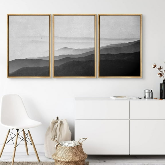 PixonSign Framed Wall Art Set Side of Mountain in Mist Nature Landscape Artwork Rocky Cozy Neutral Minimalism Rustic Black and White Modern Prints for Home Decor - 24"x36"x3 Panels Natural