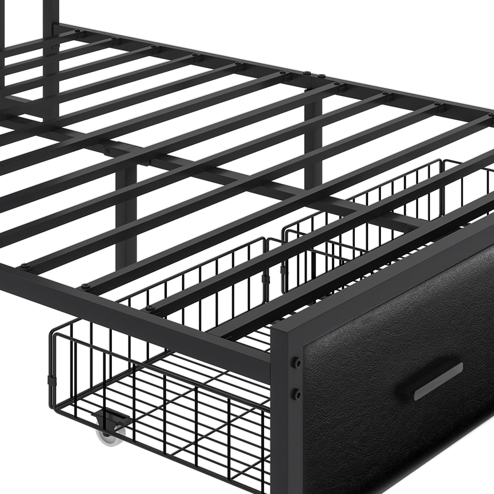 Uforic King Size PU Leather Platform Bed Frame with 3-Tier Storage Headboard 2 Underbed Rolling Drawers & Side Storage Boxes, No Box Spring Required, Black