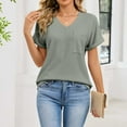 thumbnail image 4 of Women causal Tops Sawvnm Women's Solid Color Pocket Blouses Short Sleeve V-Neck Pullover Casual Fashionable Top Gifts for Women Green XL, 4 of 7