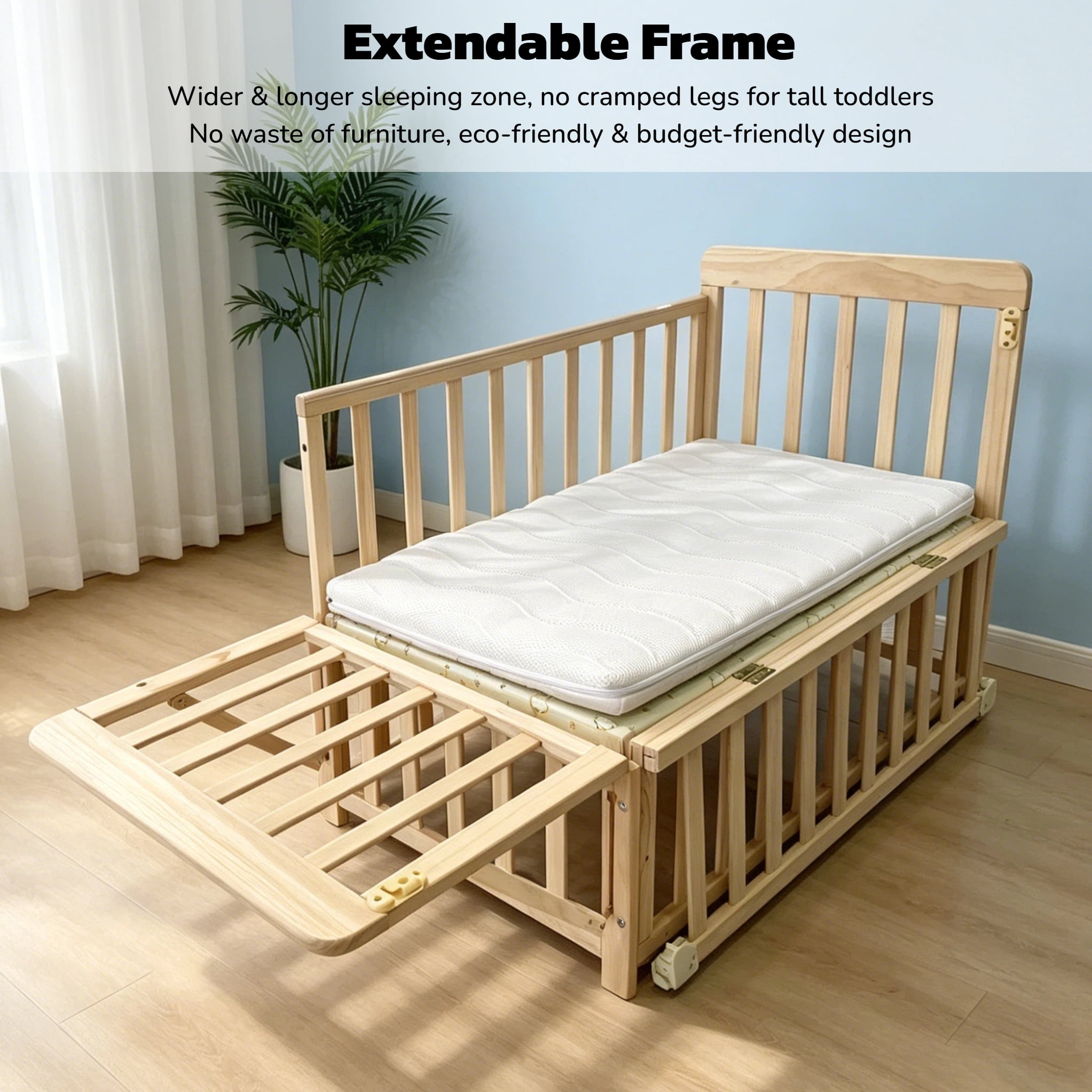 Mintazer Convertible Kids Crib with Height Adjustable, Bedside Bassinet with Lockable Wheels & Mattress, Extendable Rocking Cradle for Newborn to Toddler, Natural