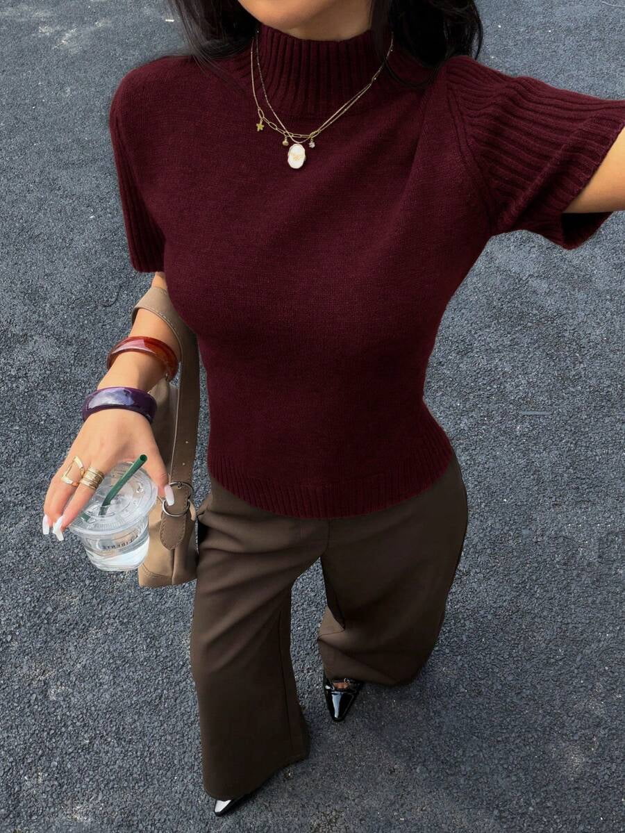 Women Solid Burgundy Short Sleeve Turtleneck Knit Top, Ribbed Texture Mock