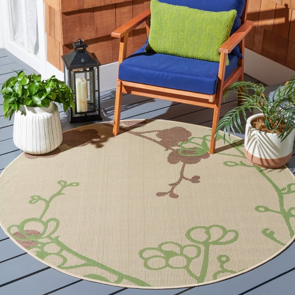 SAFAVIEH Courtyard Christian Floral Indoor/Outdoor Area Rug, Natural/Olive, 6'7" x 6'7" Round