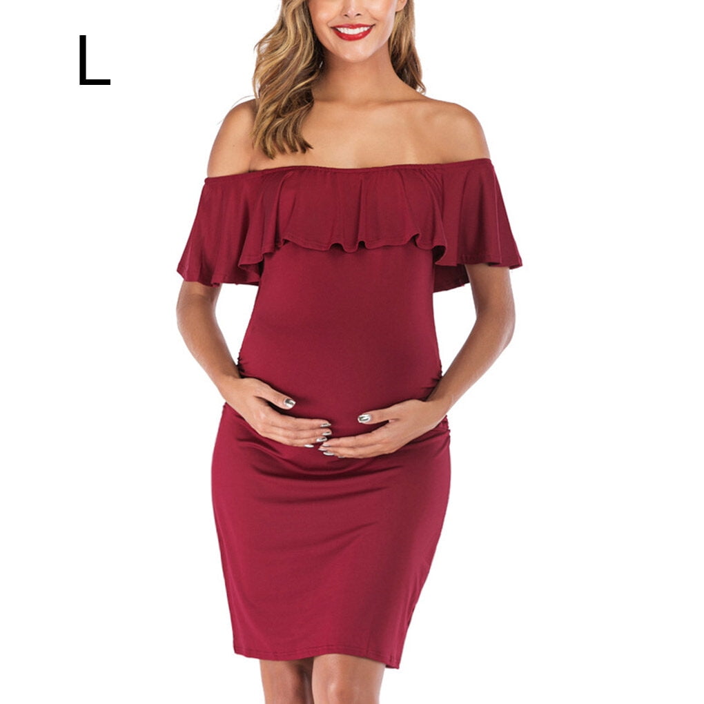 Women Dress Off shoulder Short Sleeve Pregnant Dress Falbala Sleeve Pregnant Dress Summer Cloth Wine Red L