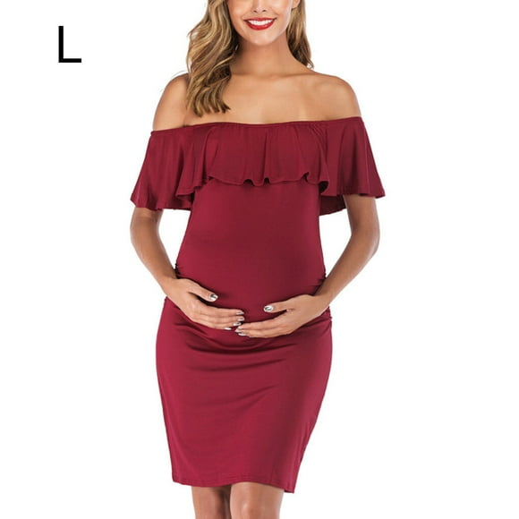 fastboy Selfieee Women's Maternity Ruffles Dress Mother Slim Fitted for Photography for Women 00011 Pink Medium wine red L