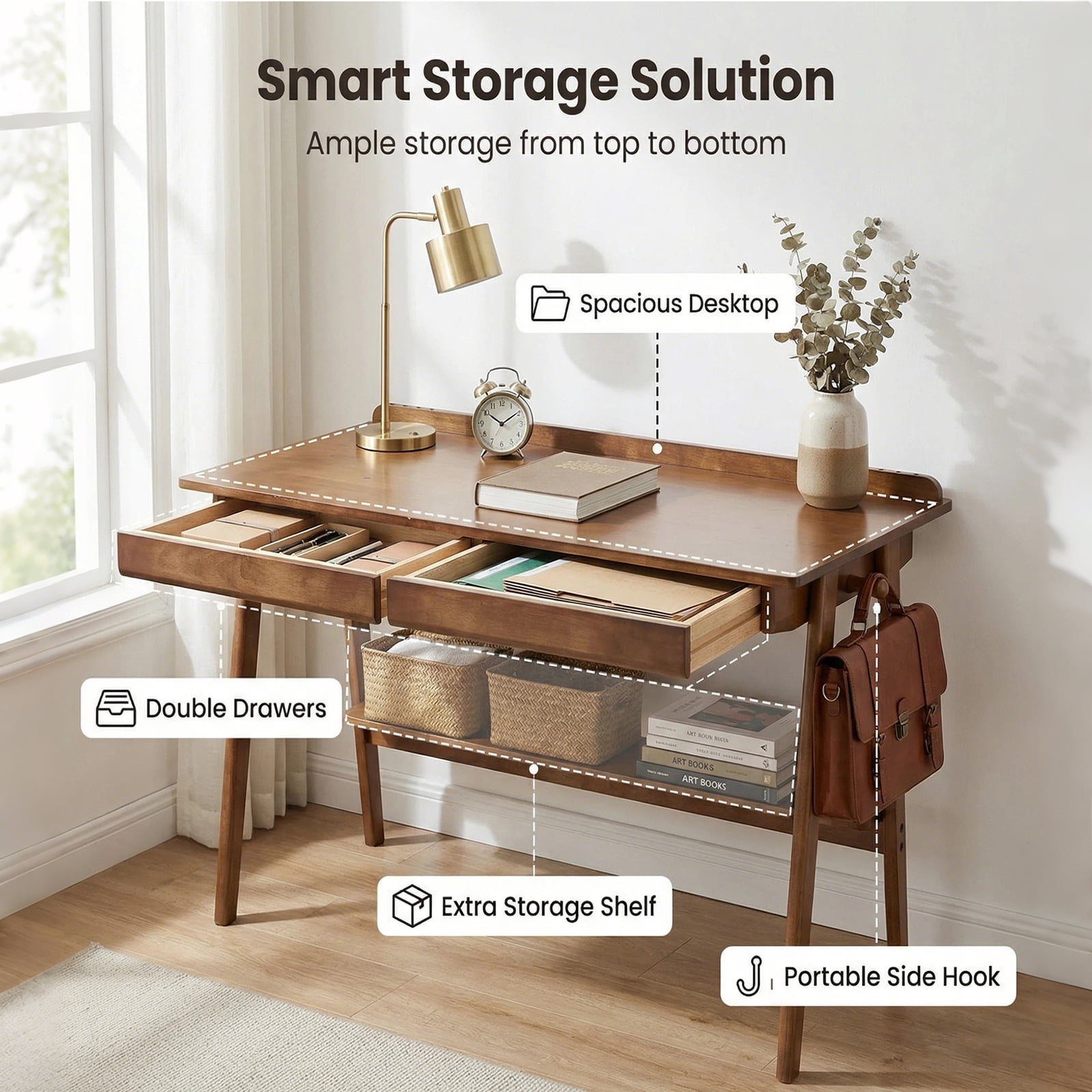 Solid Wood Writing Desk, Home Office Desk for Small Spaces, Mid Century Modern Desks with 2 Drawers & Storage Shelf, Standing Desk with Side Hooks for Study, Bedroom, Office (Walnut)