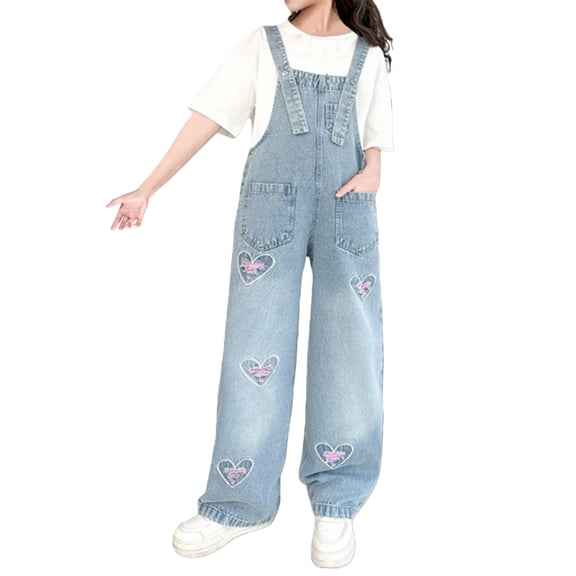 YunPes Baby Clothes Girls Denim Overalls With Heart Embroidery Light Wash Wide Leg Adjustable Suspender Pants for Kids 1-11Y
