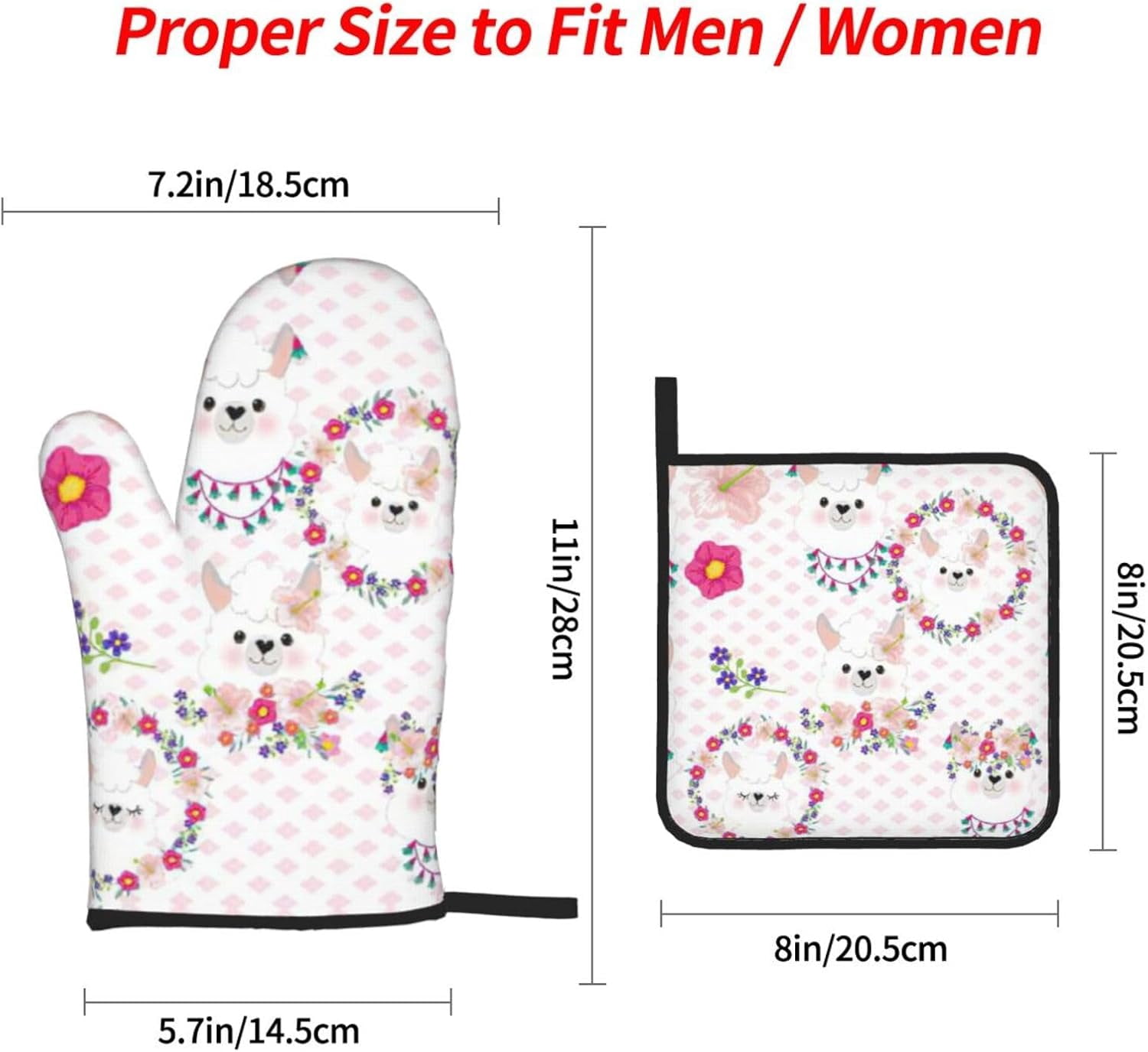 Cartoon Llama Alpaca Oven Mitts and Pot Holders Sets for Kitchen 4 Pcs 7"X11" Heat Resistant Baking Cooking